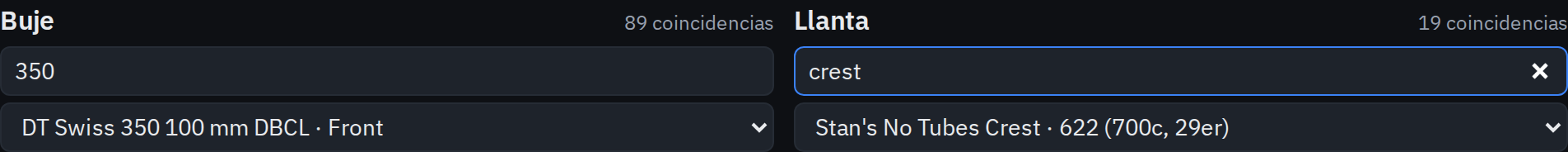 Buscadores de buje y llanta con contador de coincidencias en vivo